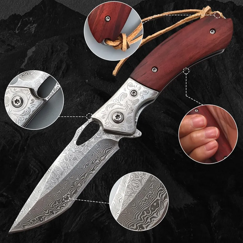 Damascus Pocket Knife for Men Women, Sharp VG10 Core Damascus Steel Camping Knife with Leather Sheath Ball Bearing Liner Lock,Wood Handle, Knife for Outdoor Survival Hunting