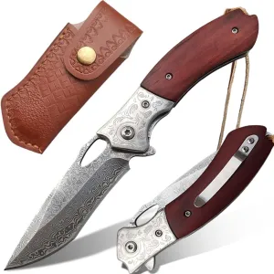 Damascus Pocket Knife for Men Women, Sharp VG10 Core Damascus Steel Camping Knife with Leather Sheath Ball Bearing Liner Lock,Wood Handle, Knife for Outdoor Survival Hunting