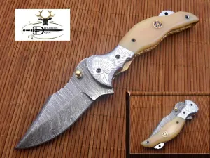 Damascus Steel Folding Knife 7.5" Long Compact, Camel Bone Scale with Bird Engraved Steel Bolster, Strong Brass Liner Lock & Thumb knob, Cow Hide Leather Sheath with Belt Stripe Included