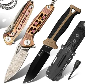 Damascus Steel Mini Neck Knife, D2 Bushcraft Knife with Fire Starter