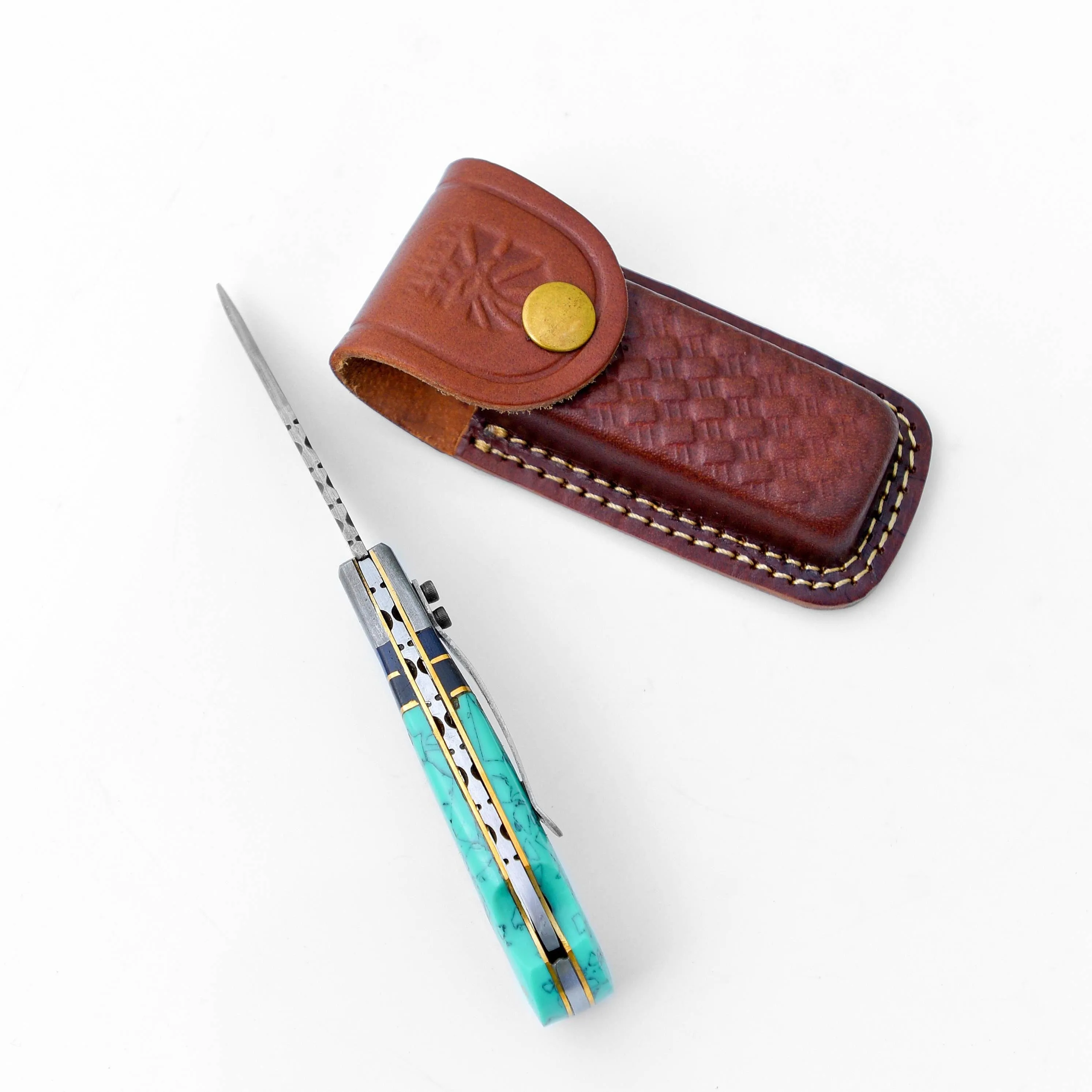 Damascus steel pocket knife Limited Run Turquoise Resin
