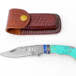 Damascus steel pocket knife Limited Run Turquoise Resin