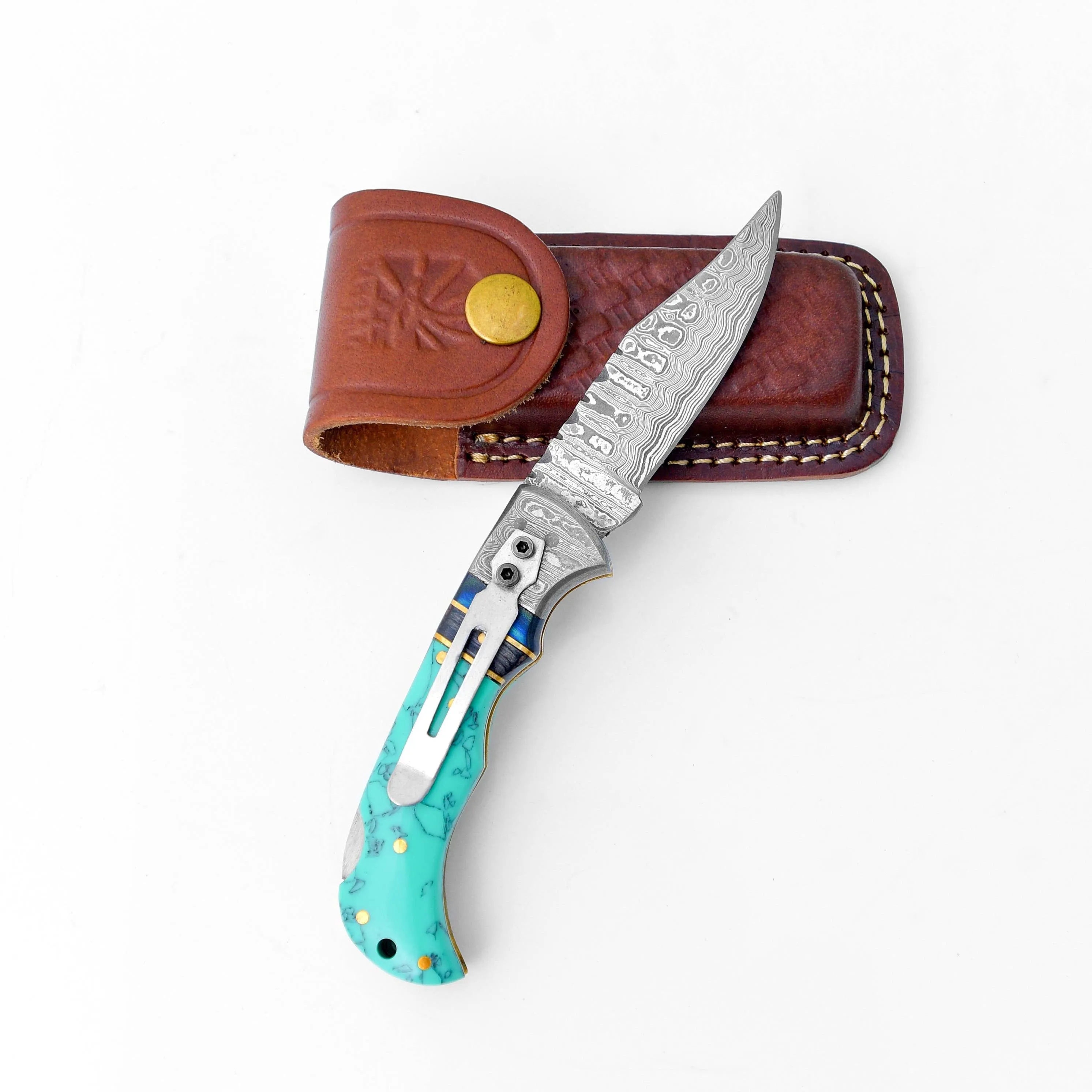 Damascus steel pocket knife Limited Run Turquoise Resin