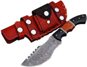 Damascus Tracker Knife with Rosewood Micarta Handle & Leather Sheath Hunting Gear Utility Knife Camping Knife Fishing Knife