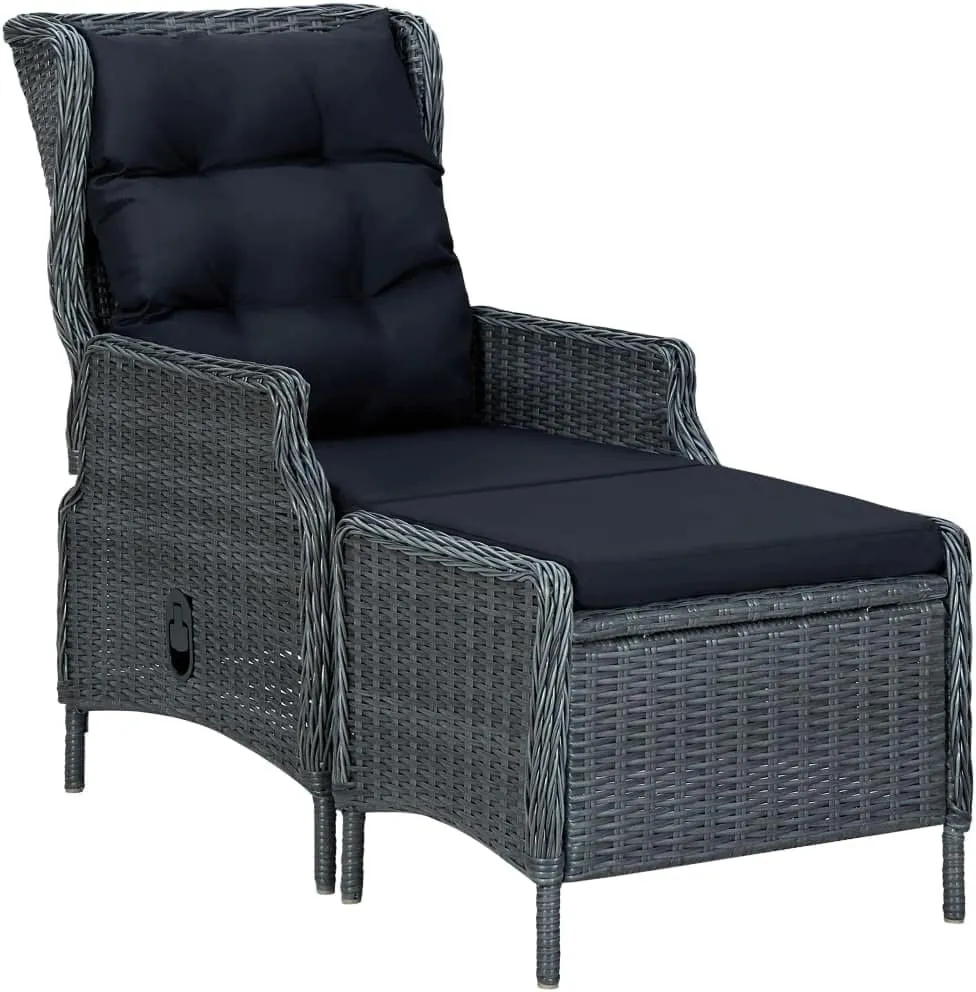 Dark Gray Reclining Patio Chair with Footstool Adjustable Outdoor Lounge Furniture PE Rattan Steel Frame Comfy Cushions for Backyard Sunbathing Relaxation