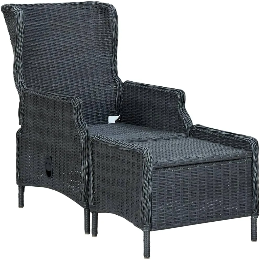 Dark Gray Reclining Patio Chair with Footstool Adjustable Outdoor Lounge Furniture PE Rattan Steel Frame Comfy Cushions for Backyard Sunbathing Relaxation