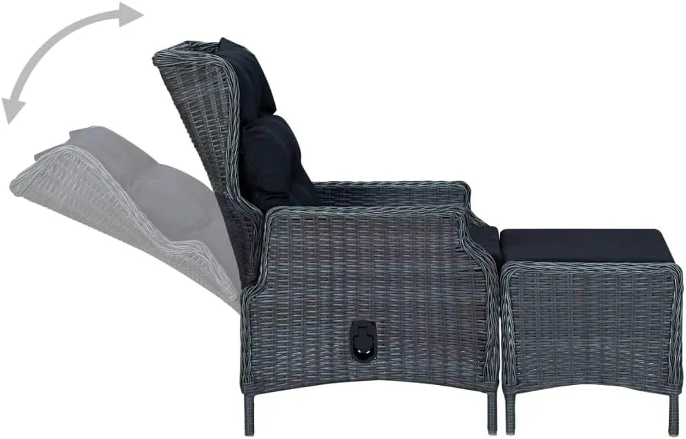 Dark Gray Reclining Patio Chair with Footstool Adjustable Outdoor Lounge Furniture PE Rattan Steel Frame Comfy Cushions for Backyard Sunbathing Relaxation
