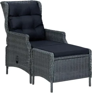 Dark Gray Reclining Patio Chair with Footstool Adjustable Outdoor Lounge Furniture PE Rattan Steel Frame Comfy Cushions for Backyard Sunbathing Relaxation