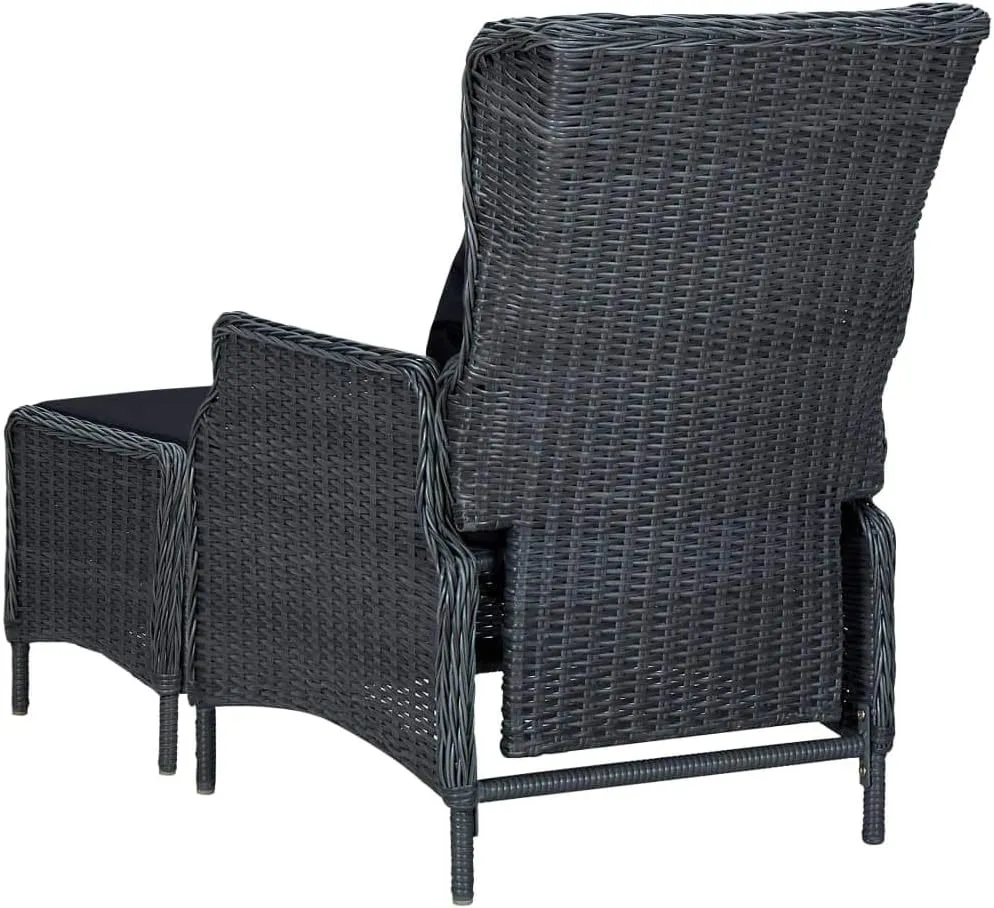 Dark Gray Reclining Patio Chair with Footstool Adjustable Outdoor Lounge Furniture PE Rattan Steel Frame Comfy Cushions for Backyard Sunbathing Relaxation