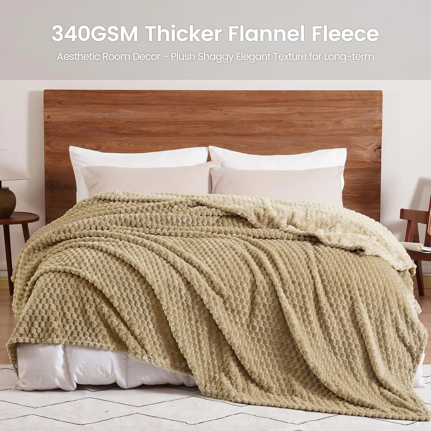 David's Home Ultra Soft Fleece Blanket Twin Size, Warm Lightweight 3D Jacquard Flannel Blanket for Fall Winter, Fluffy Cozy Luxury Plush Suitable for Bed Room Decor,66"x90", Light Khaki