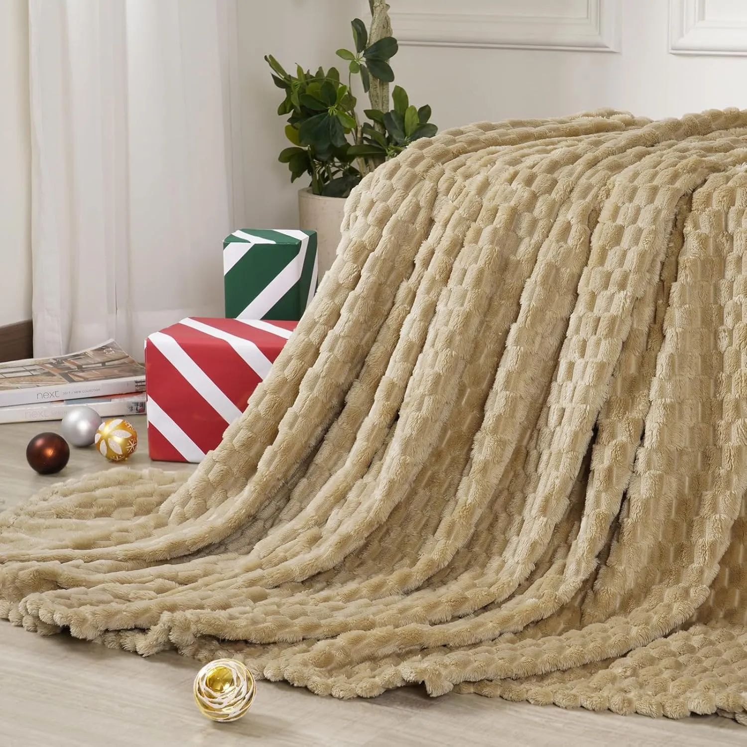 David's Home Ultra Soft Fleece Blanket Twin Size, Warm Lightweight 3D Jacquard Flannel Blanket for Fall Winter, Fluffy Cozy Luxury Plush Suitable for Bed Room Decor,66"x90", Light Khaki