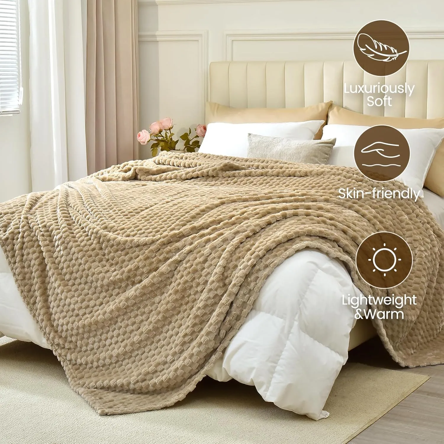 David's Home Ultra Soft Fleece Blanket Twin Size, Warm Lightweight 3D Jacquard Flannel Blanket for Fall Winter, Fluffy Cozy Luxury Plush Suitable for Bed Room Decor,66"x90", Light Khaki