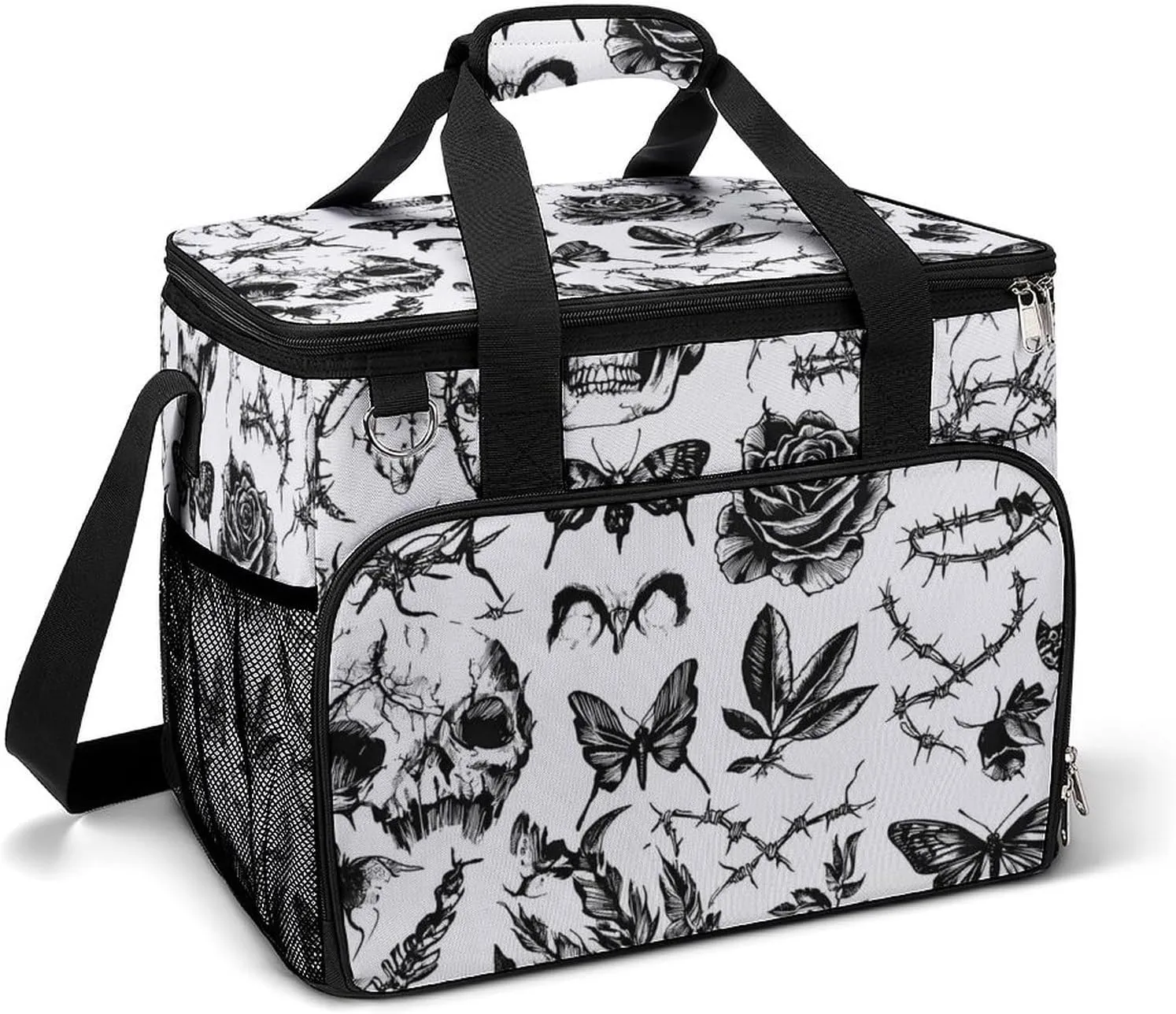 Death Roses Skull Thorn Flowers Portable Cooler Bag Lunch Box Container Crossbody Insulated Tote Bag for Work Camping Outdoor