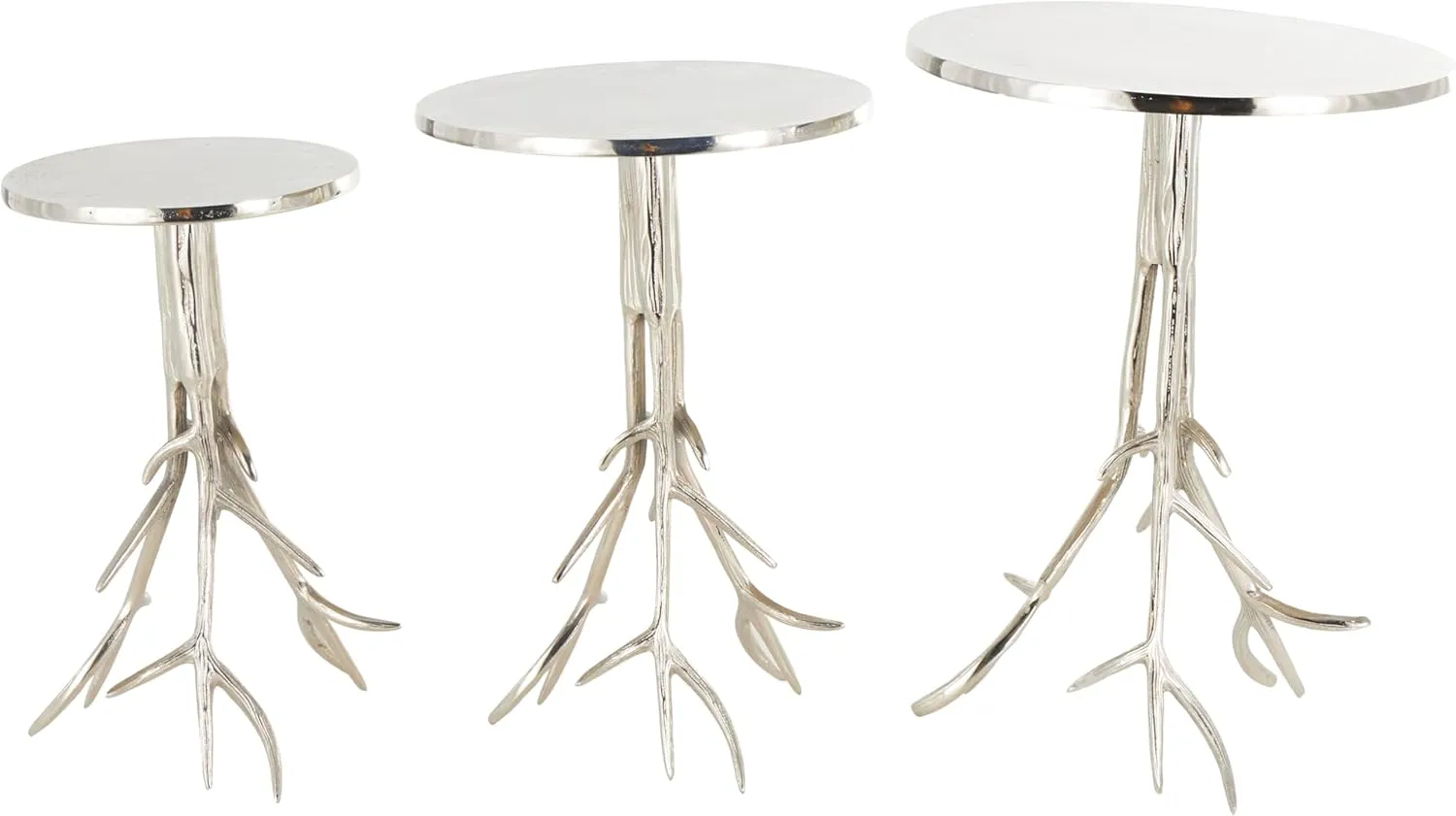 Deco 79 Aluminum Metal Side End Accent Table End Table with Textured Tree Branch Legs, Set of 3 Side Table 24", 22", 20" H, Silver