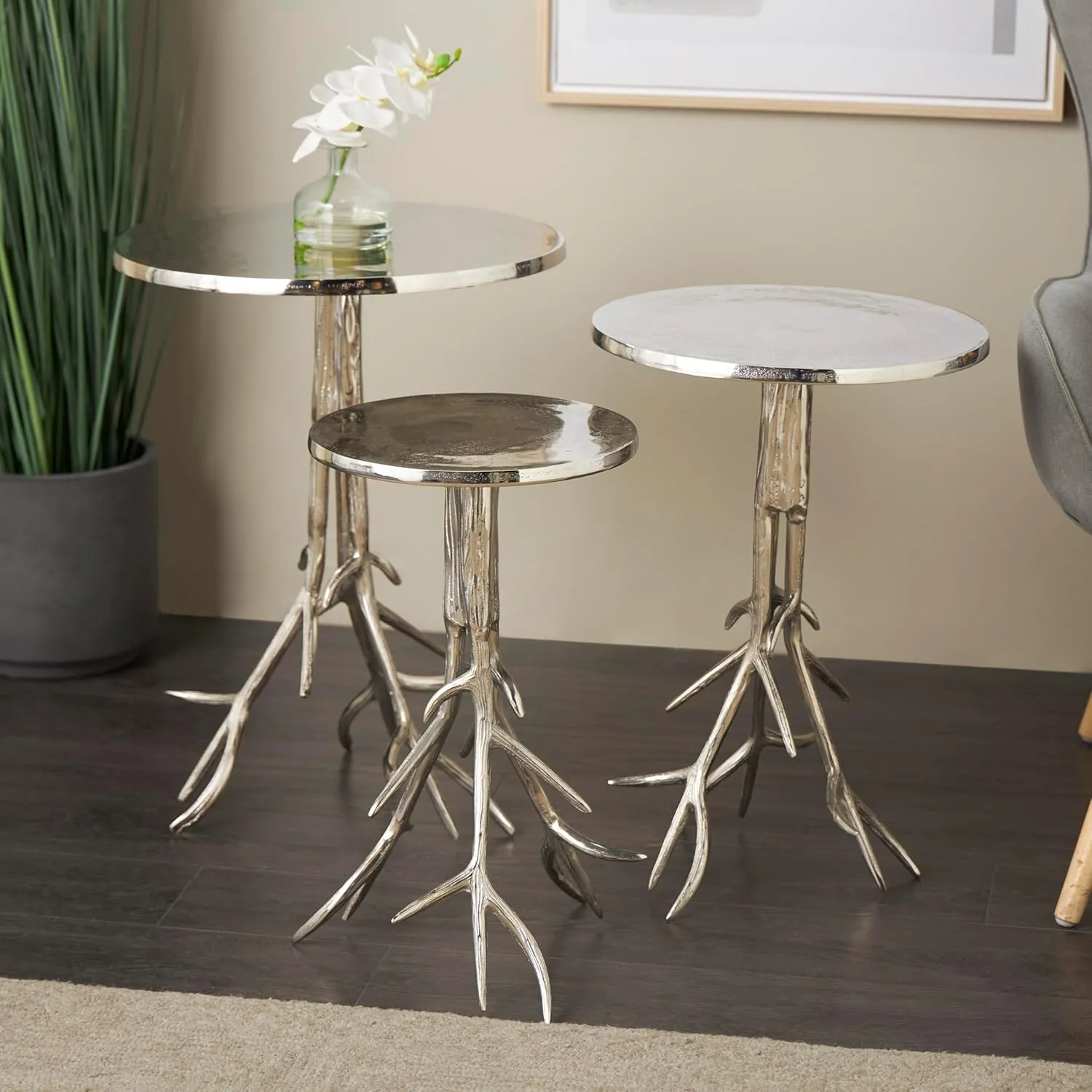 Deco 79 Aluminum Metal Side End Accent Table End Table with Textured Tree Branch Legs, Set of 3 Side Table 24", 22", 20" H, Silver