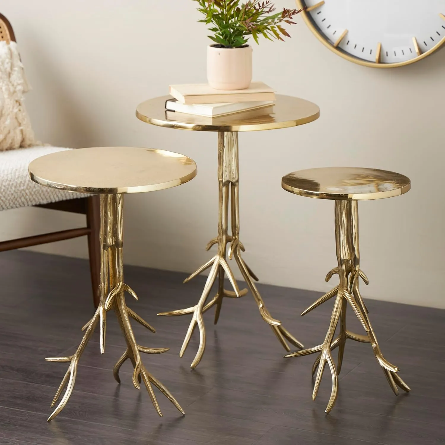 Deco 79 Aluminum Metal Tree Side End Accent Table End Table with Branch Inspired Bases, Set of 3 Side Table 22", 20", 24" H, Gold