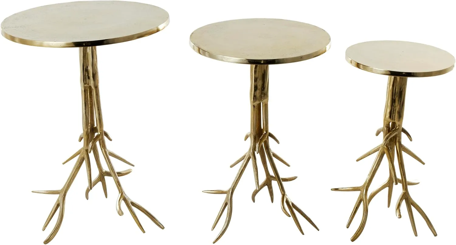 Deco 79 Aluminum Metal Tree Side End Accent Table End Table with Branch Inspired Bases, Set of 3 Side Table 22", 20", 24" H, Gold