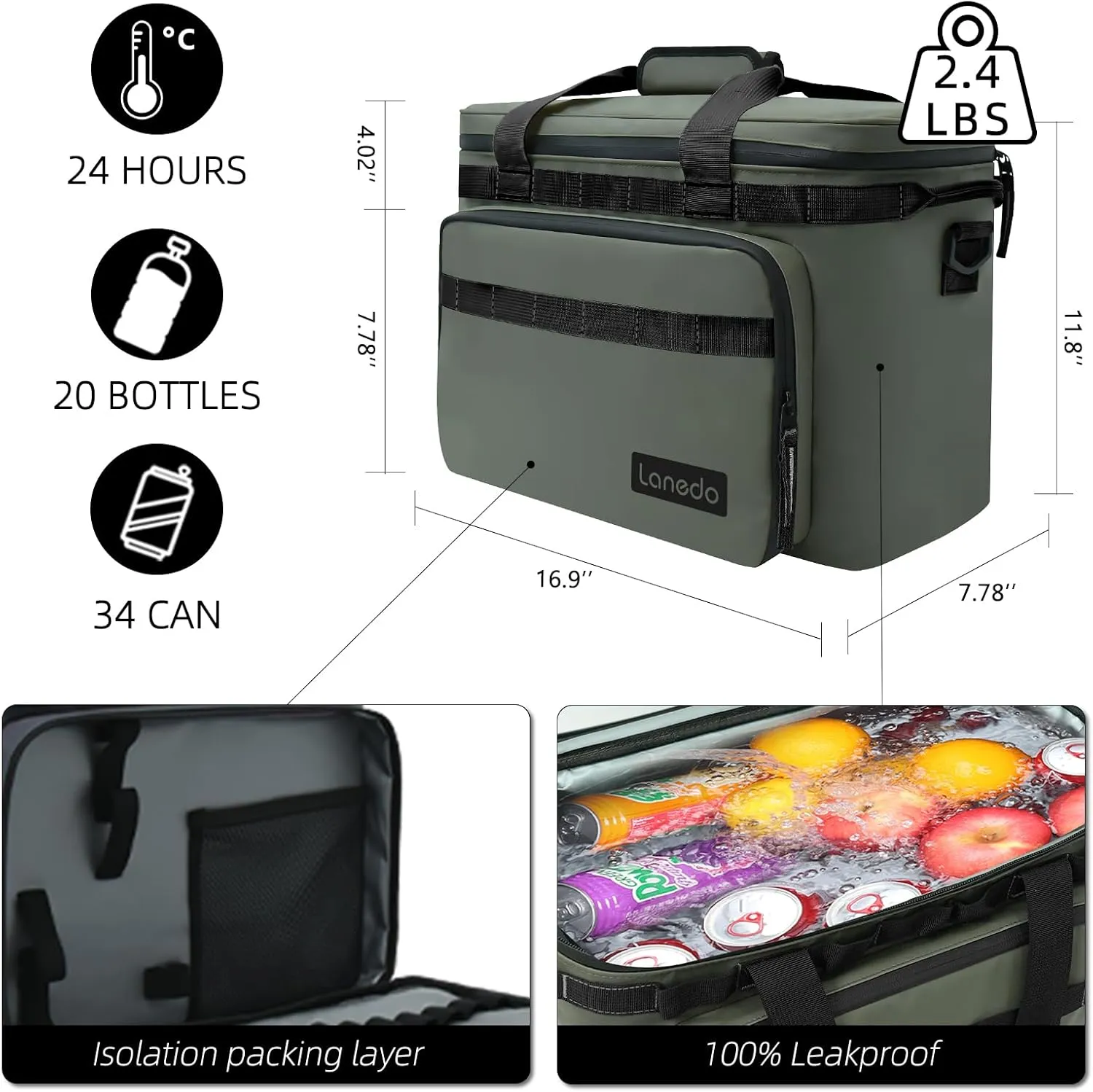 Deep Freeze Cooler Soft Sided Cooler Bag, 34 Can Collapsible Insulated Ice Chest, Large Leakproof Camping & Travel Cooler for Kayaking & Beach