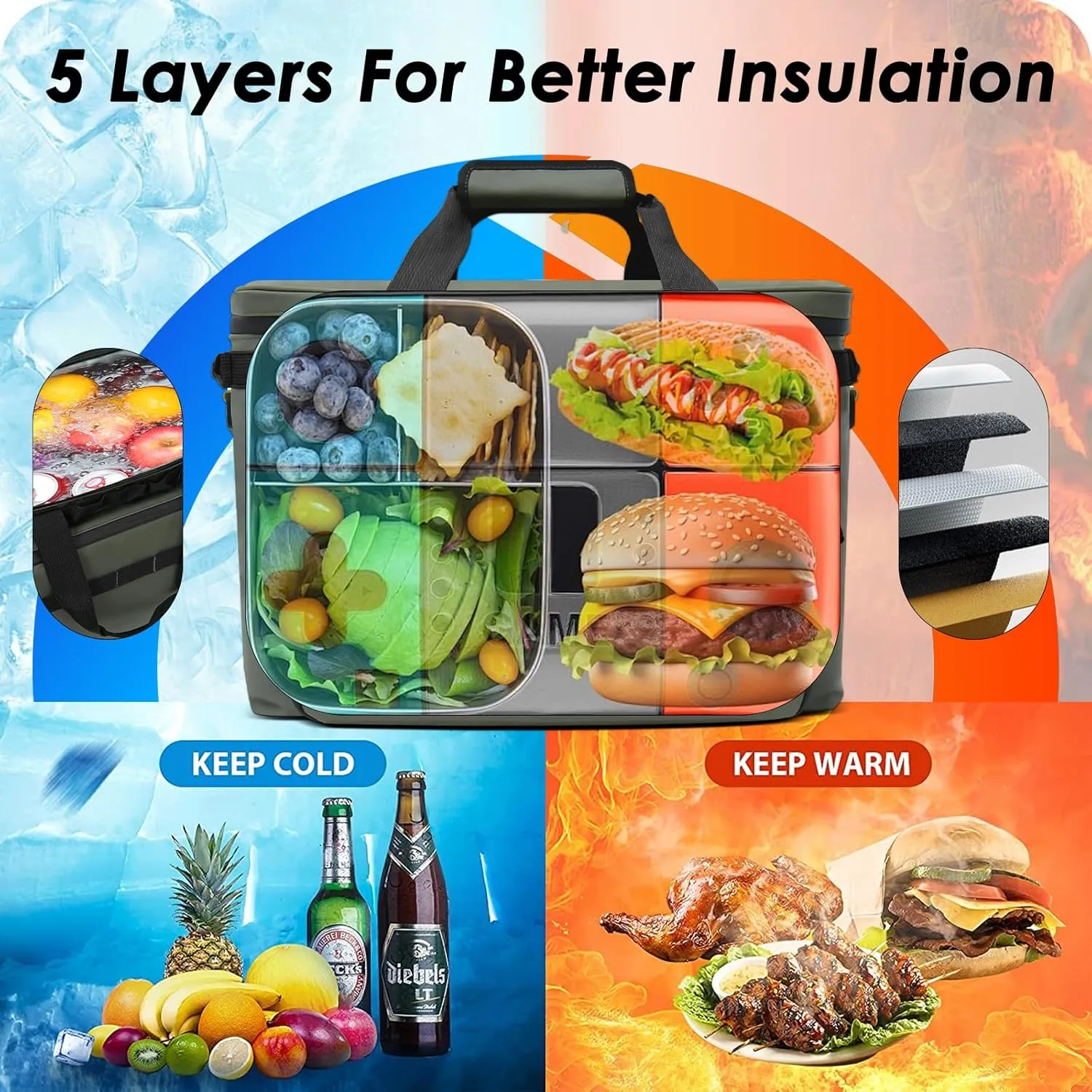 Deep Freeze Cooler Soft Sided Cooler Bag, 34 Can Collapsible Insulated Ice Chest, Large Leakproof Camping & Travel Cooler for Kayaking & Beach