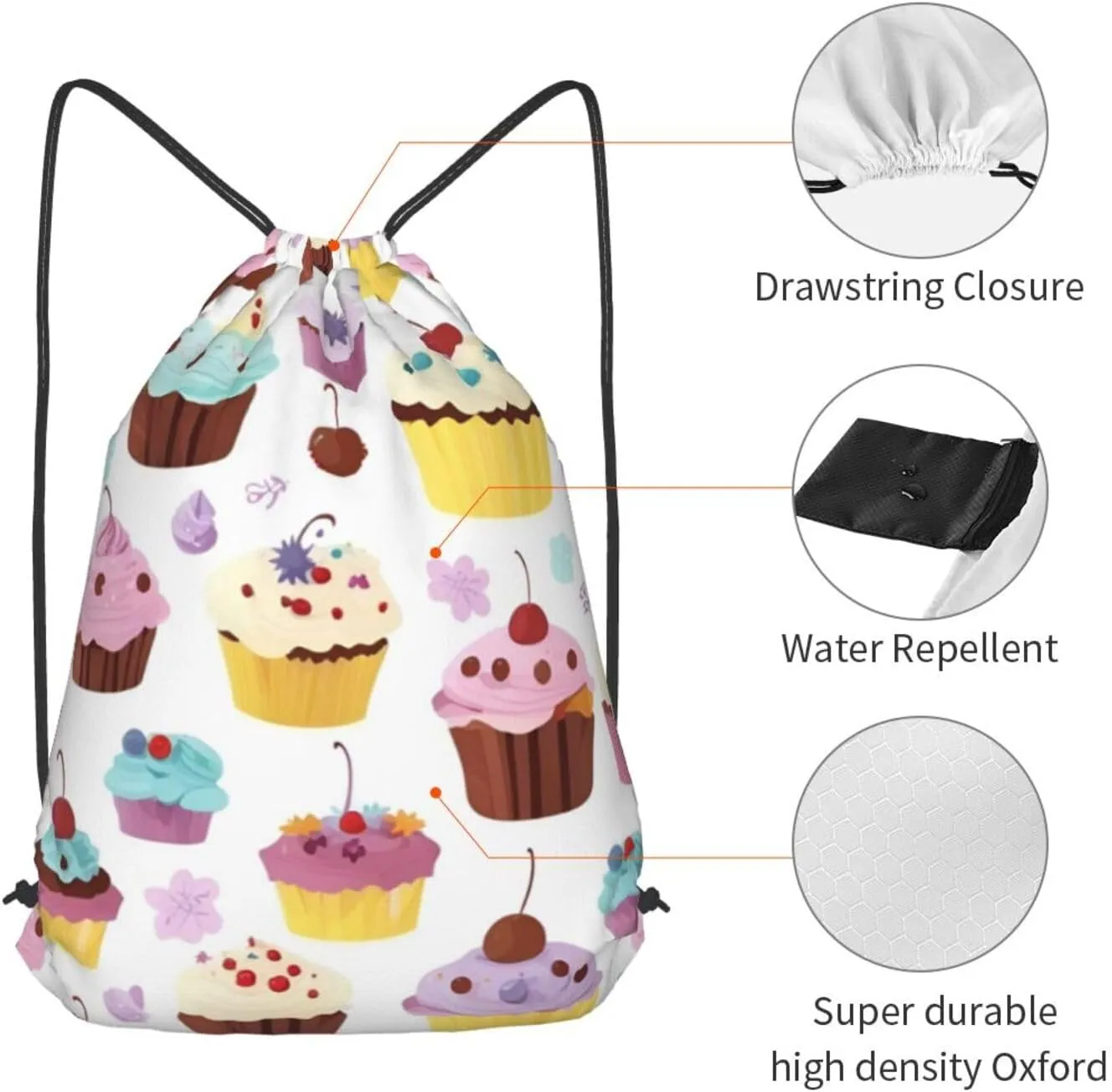 Delicious Cupcakes Drawstring Cinch Backpack Polyester Sack Pack String Bag For Hiking Camping Adventure