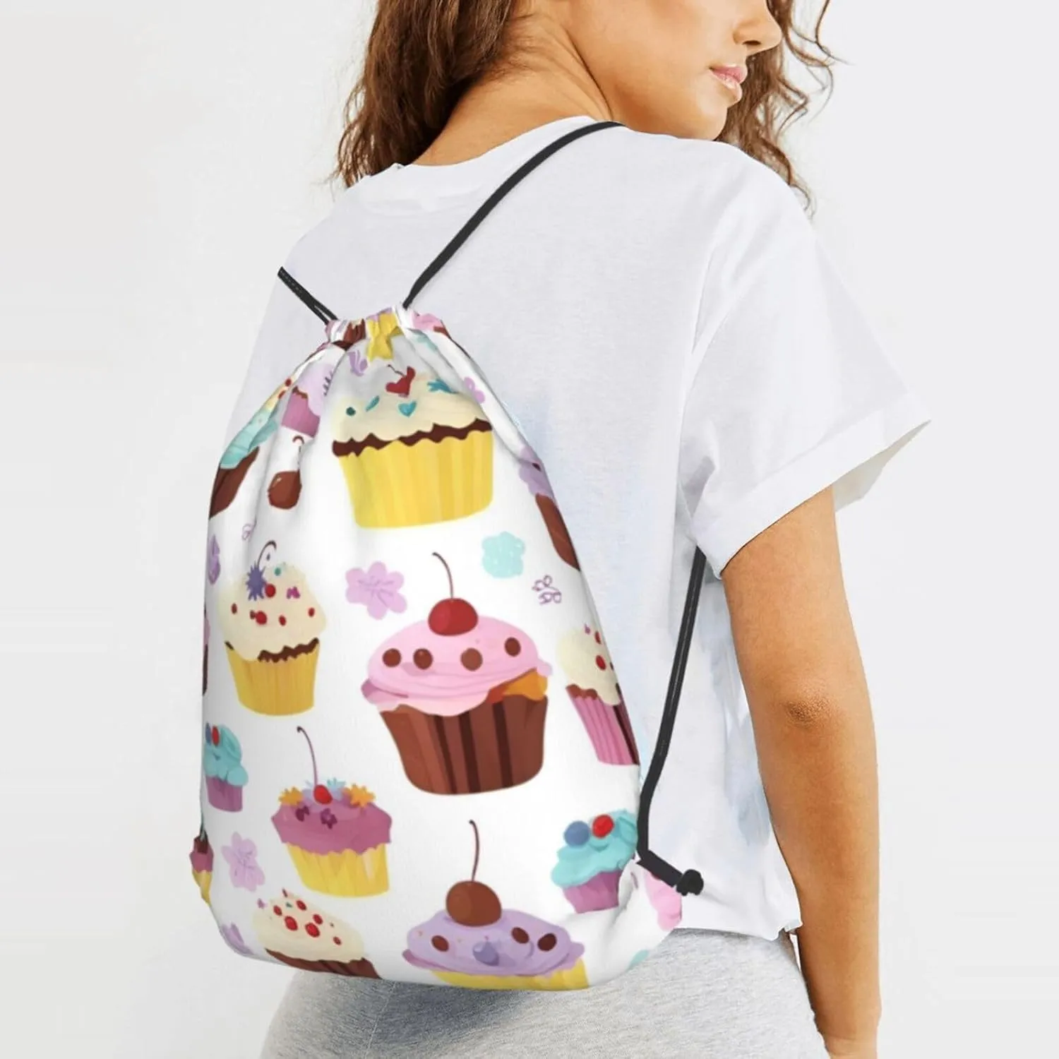 Delicious Cupcakes Drawstring Cinch Backpack Polyester Sack Pack String Bag For Hiking Camping Adventure
