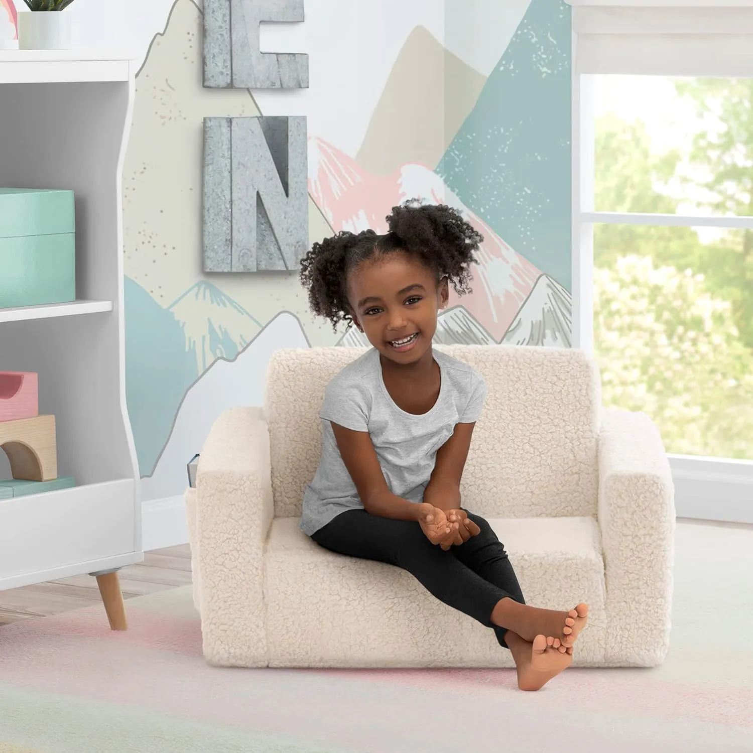 Delta Children Cozee Flip-Out Sherpa 2-in-1 Convertible Chair to Lounger for Kids, Cream