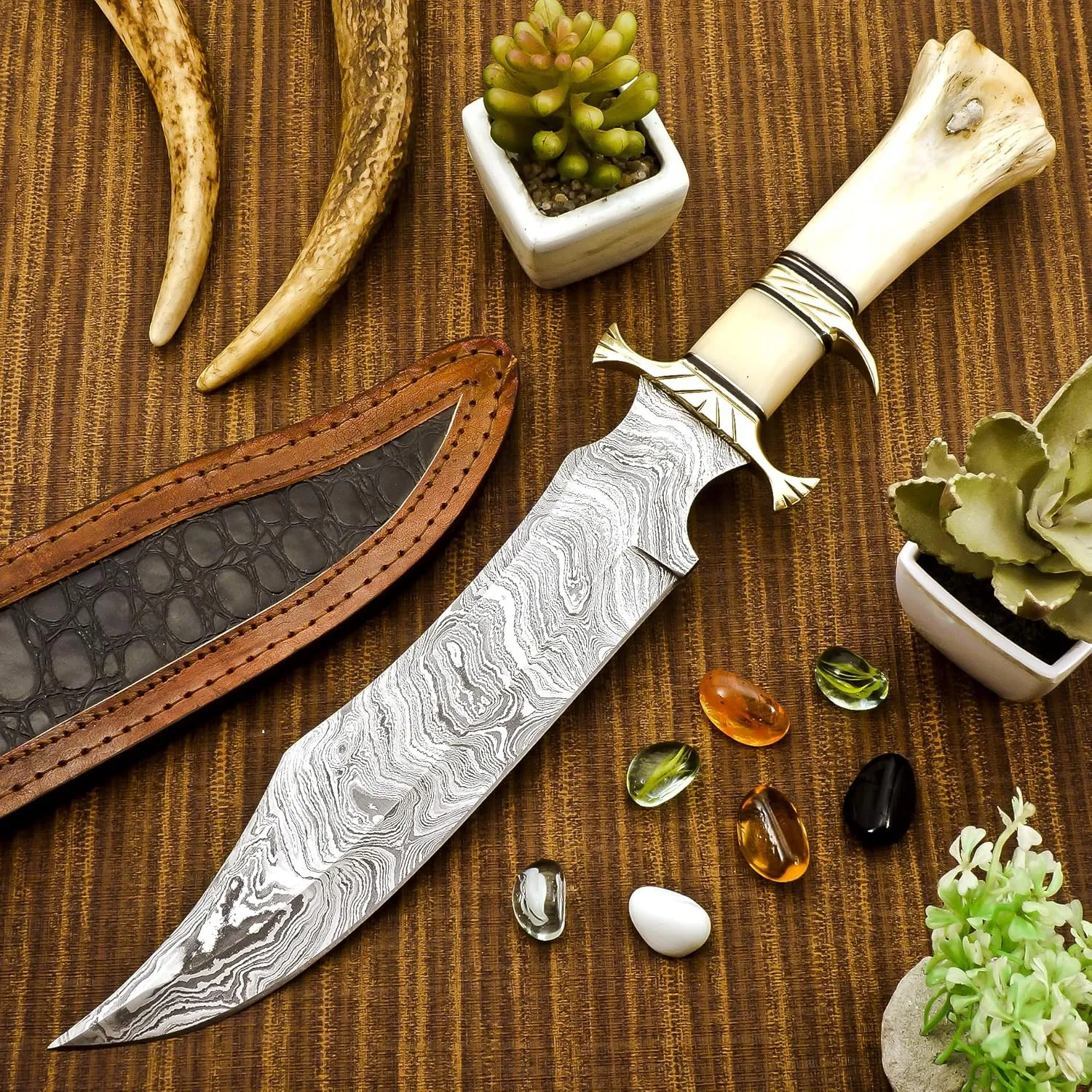 Delta :hand made Damascus steel Bowie Knife Handle Camel Bone