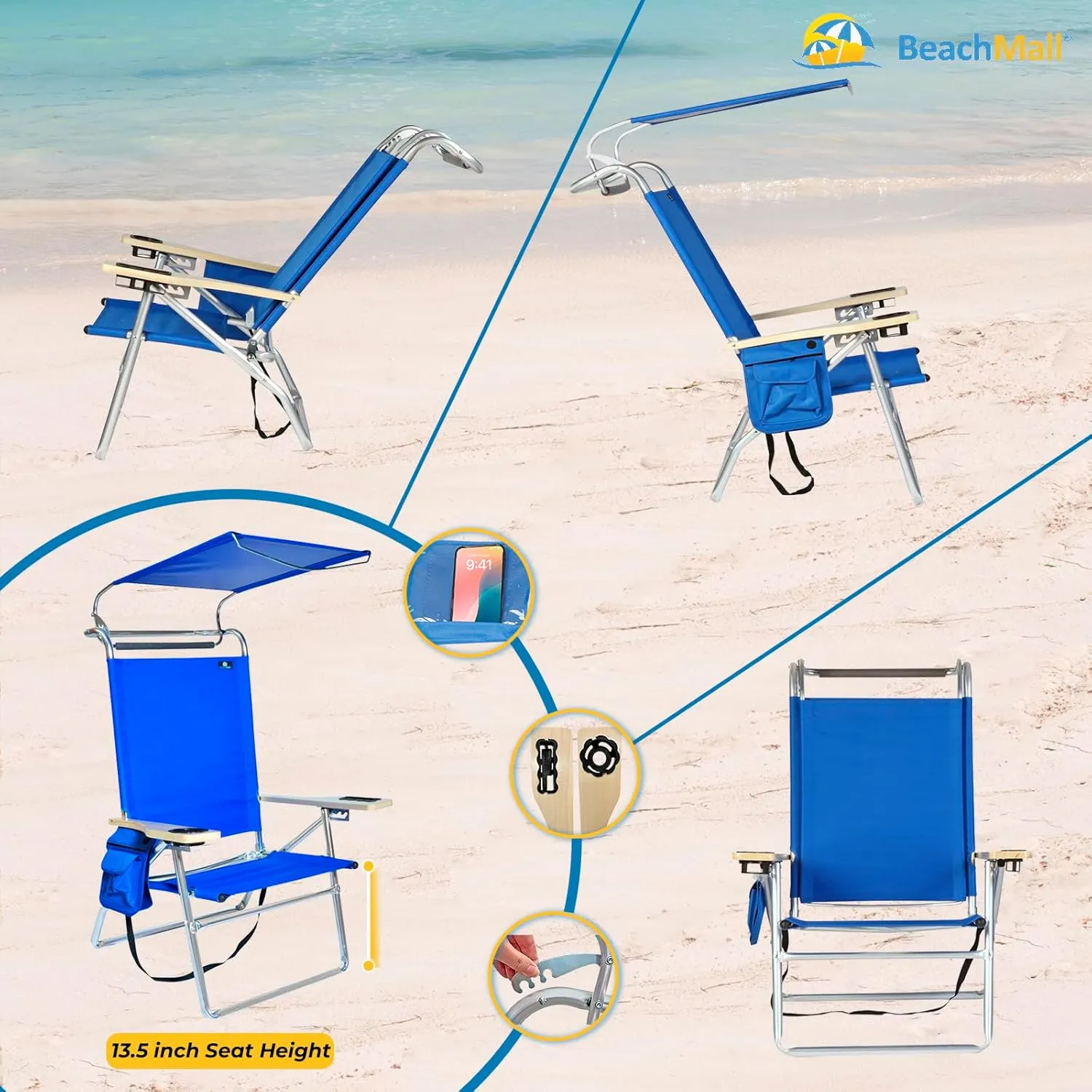 Deluxe 4 Reclining Positions Lightweight High Aluminum Beach Chair with Canopy Shade for Adults, Drink Holder, Storage Pouch