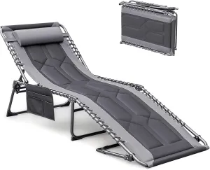 Devoko 4-Fold Padded Portable Folding Outdoor Chaise Lounge Heavy Duty Reclining Chair with Pillow & Side Pocket for Patio, Beach, Pool, Camping, Sunbathing (Gray)