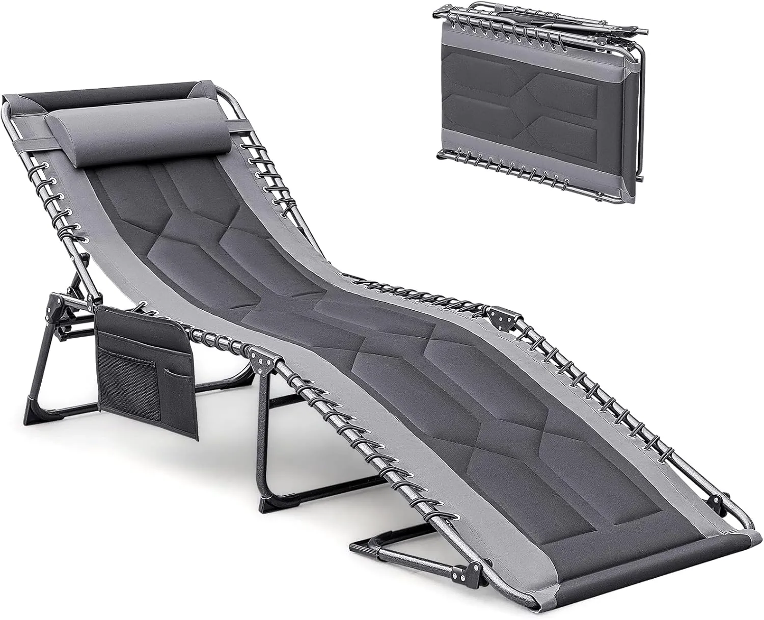 Devoko 4-Fold Padded Portable Folding Outdoor Chaise Lounge Heavy Duty Reclining Chair with Pillow & Side Pocket for Patio, Beach, Pool, Camping, Sunbathing (Gray)
