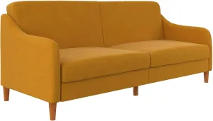 DHP Jasper 77 Inch Futon Sofa Bed, Modern Upholstered Couch Sleeper with Sloped Arms, Mustard