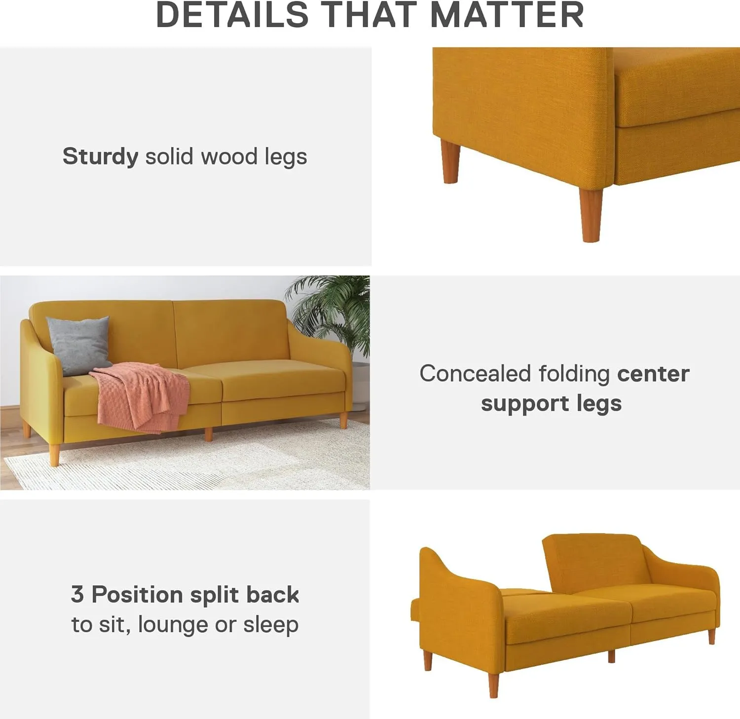 DHP Jasper 77 Inch Futon Sofa Bed, Modern Upholstered Couch Sleeper with Sloped Arms, Mustard