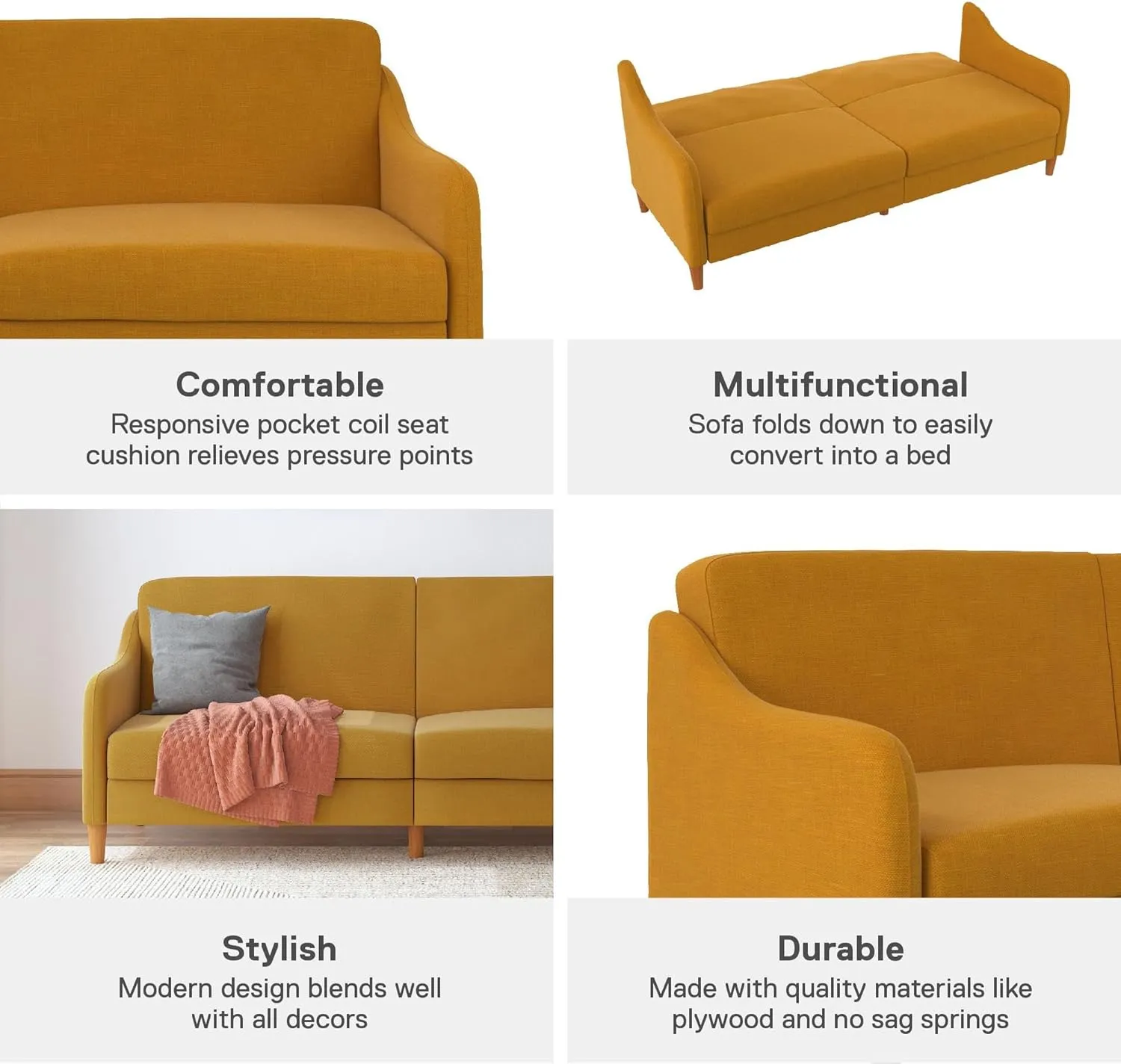 DHP Jasper 77 Inch Futon Sofa Bed, Modern Upholstered Couch Sleeper with Sloped Arms, Mustard