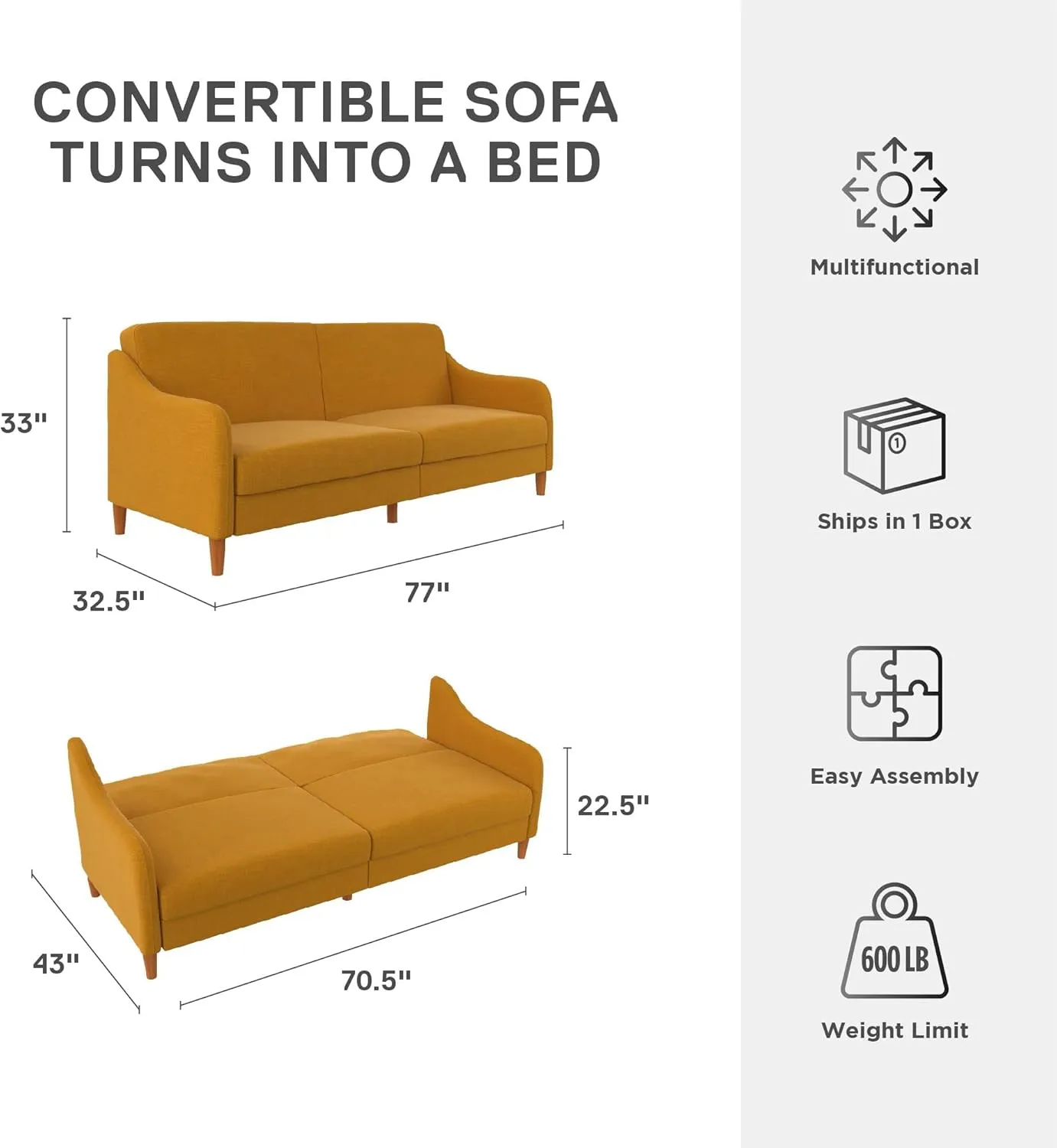 DHP Jasper 77 Inch Futon Sofa Bed, Modern Upholstered Couch Sleeper with Sloped Arms, Mustard