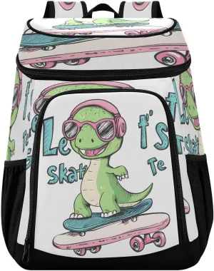 Dinosaurs Playing Skateboarding Cooler Backpack Leakproof Insulated Backpack 30 Cans Lunch Backpack Cooler for Work Beach Hiking Sports Competitions