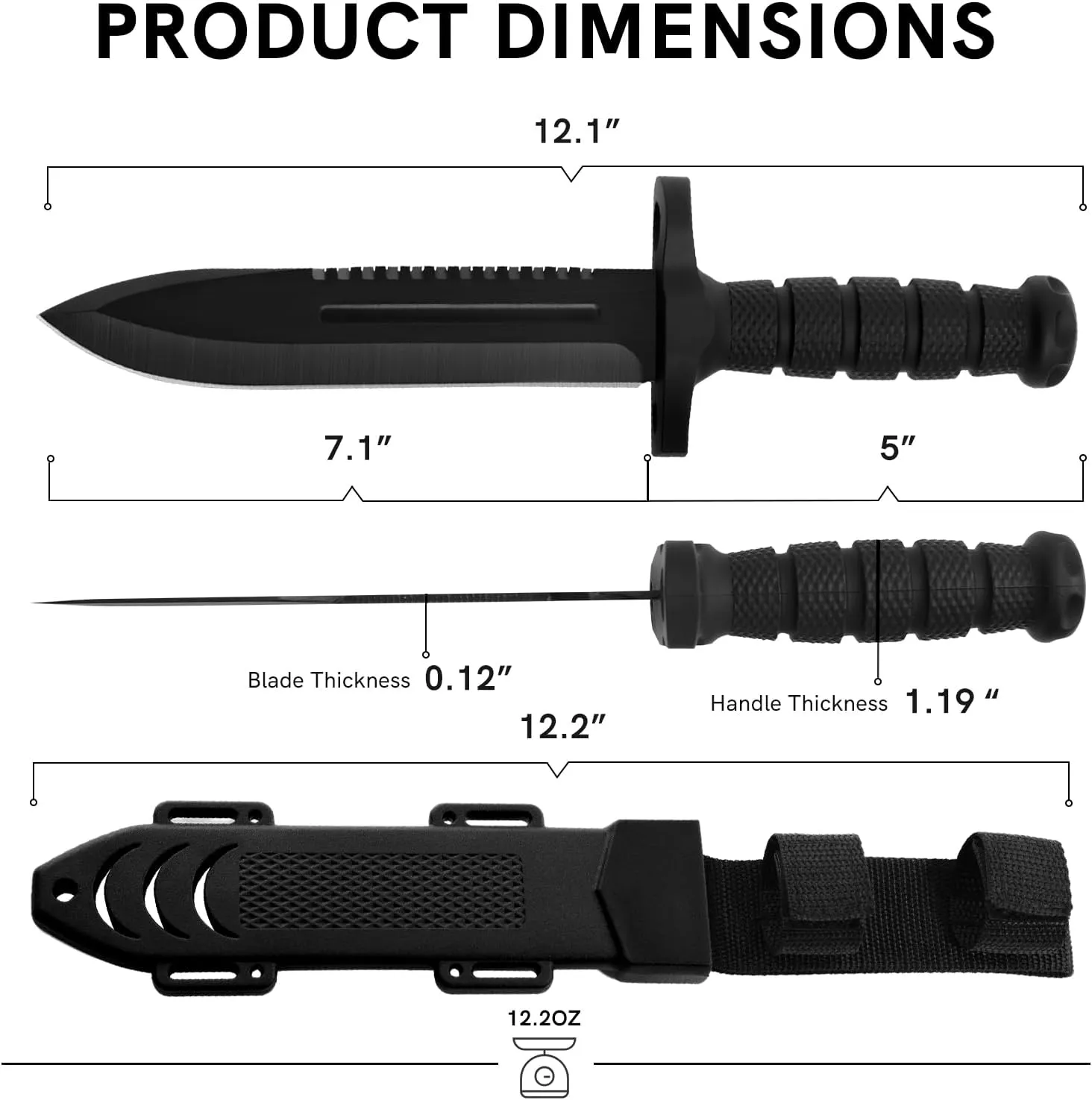 Dispatch Fixed Blade Hunting Knife with Sheath, 12-inch Survival Knives for Men Tactical Bowie Knife with Non-Slip Handle for Bushcraft, Outdoor Camping