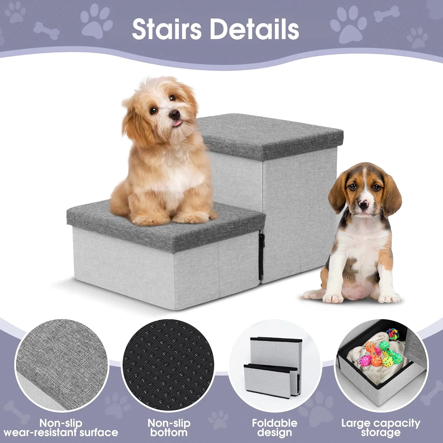 Dog Stairs with Storage, Foldable Dog Steps for Small Dogs, 2 Tiers Non-Slip Pet Stairs for High Beds Or Couch and Sofa, Hold up to 50 lbs Pet Doggy Cat