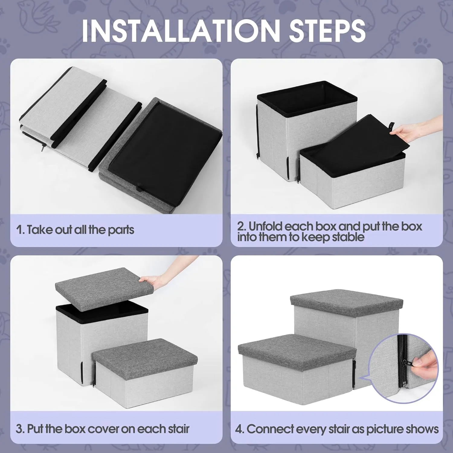 Dog Stairs with Storage, Foldable Dog Steps for Small Dogs, 2 Tiers Non-Slip Pet Stairs for High Beds Or Couch and Sofa, Hold up to 50 lbs Pet Doggy Cat