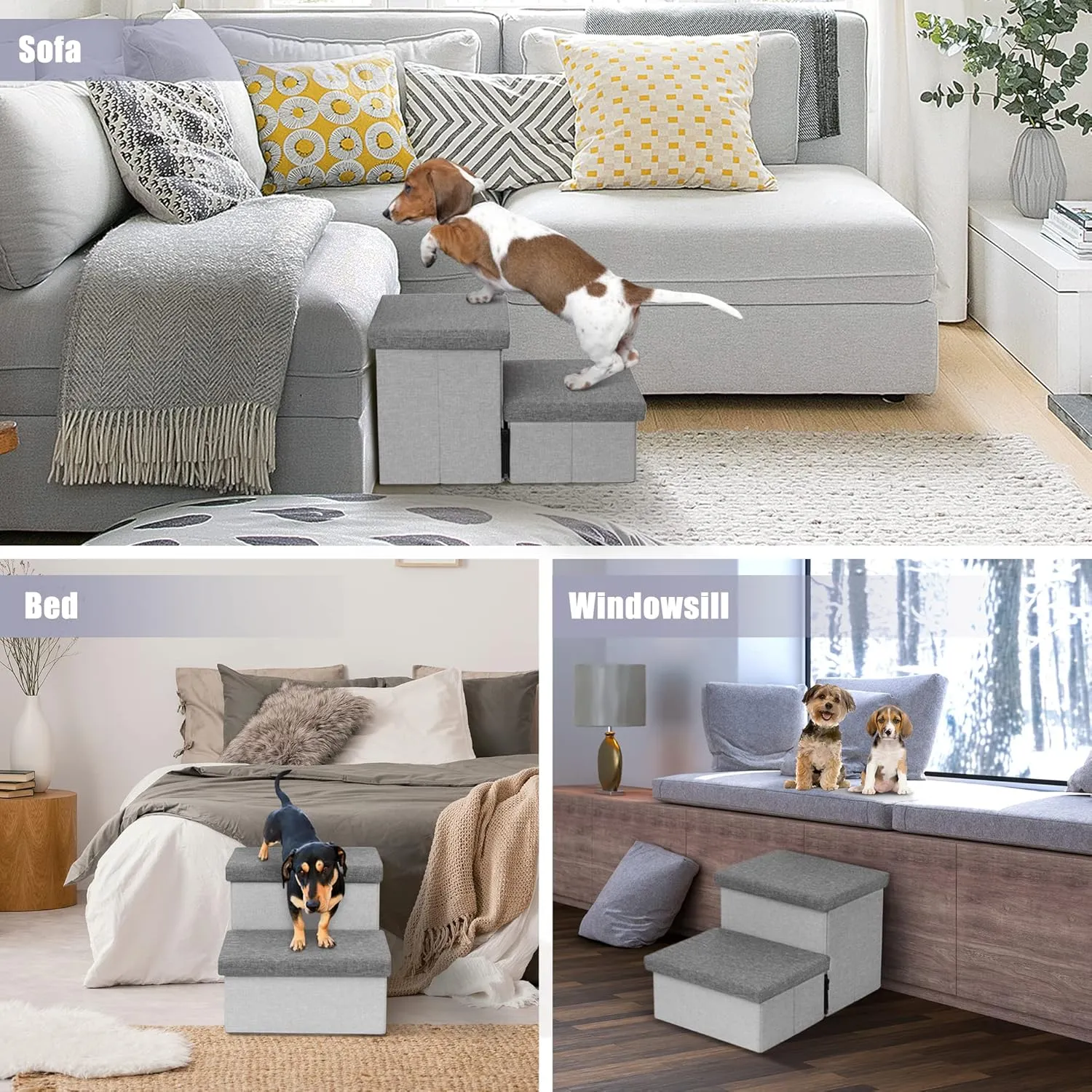 Dog Stairs with Storage, Foldable Dog Steps for Small Dogs, 2 Tiers Non-Slip Pet Stairs for High Beds Or Couch and Sofa, Hold up to 50 lbs Pet Doggy Cat