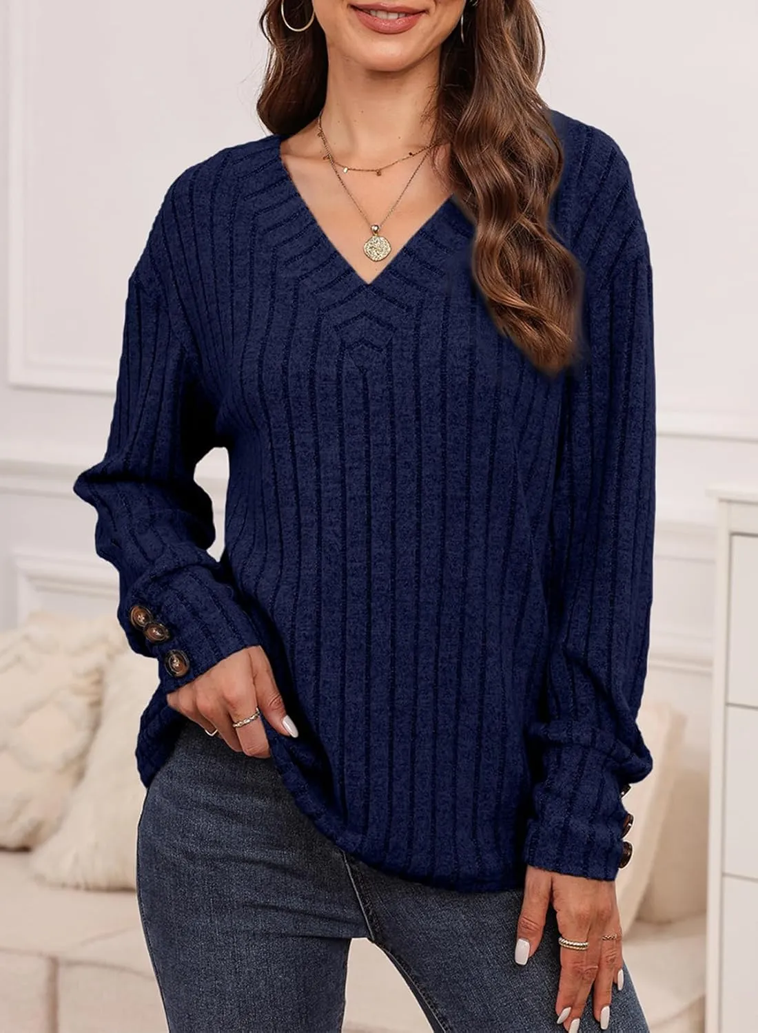 Dokotoo Womens Soft Long Sleeve V Neck Shirts Solid Casual Decorative Buttons Knitted Pullover Tunic Tops