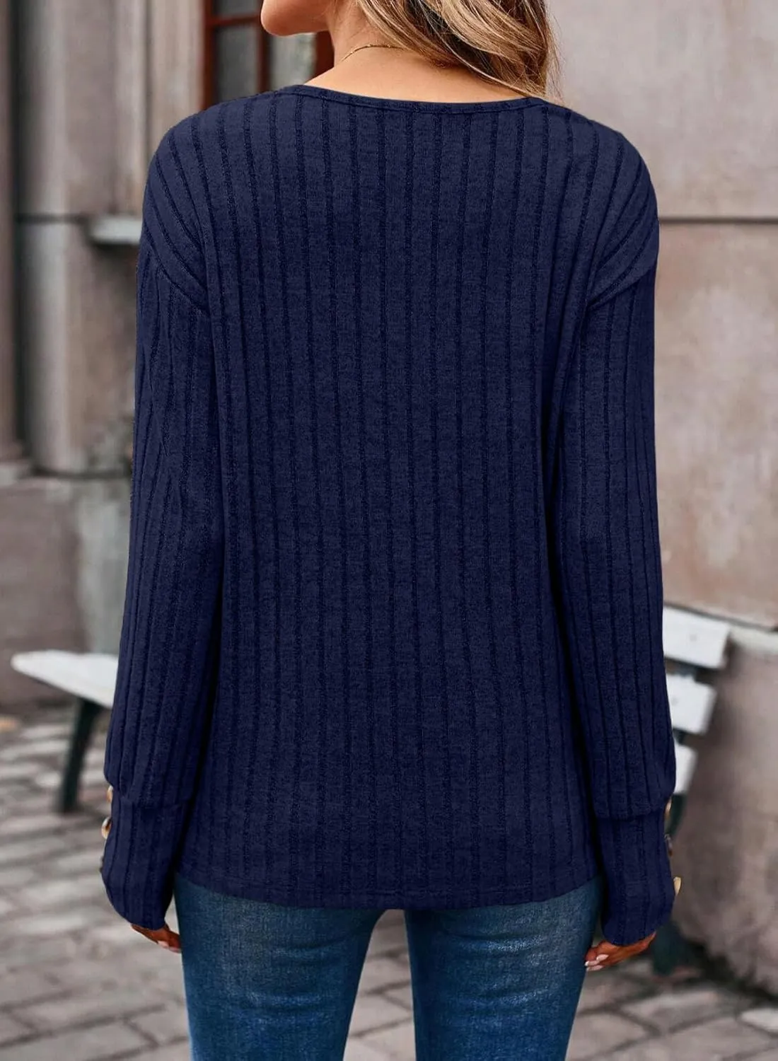 Dokotoo Womens Soft Long Sleeve V Neck Shirts Solid Casual Decorative Buttons Knitted Pullover Tunic Tops