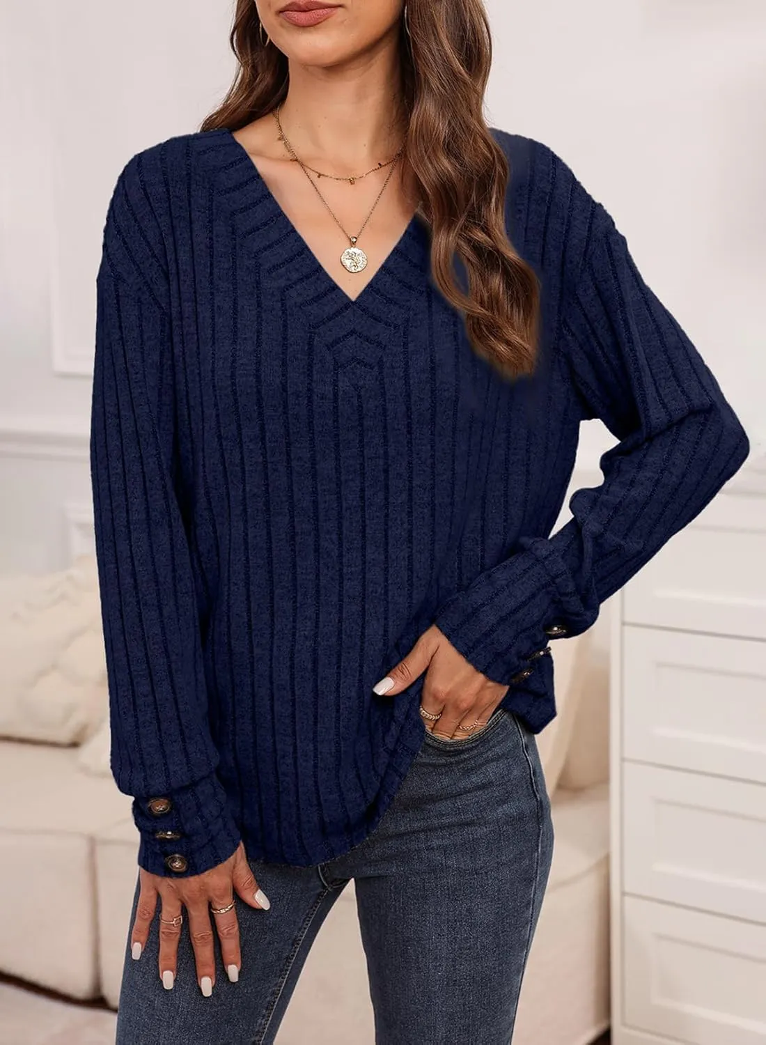 Dokotoo Womens Soft Long Sleeve V Neck Shirts Solid Casual Decorative Buttons Knitted Pullover Tunic Tops