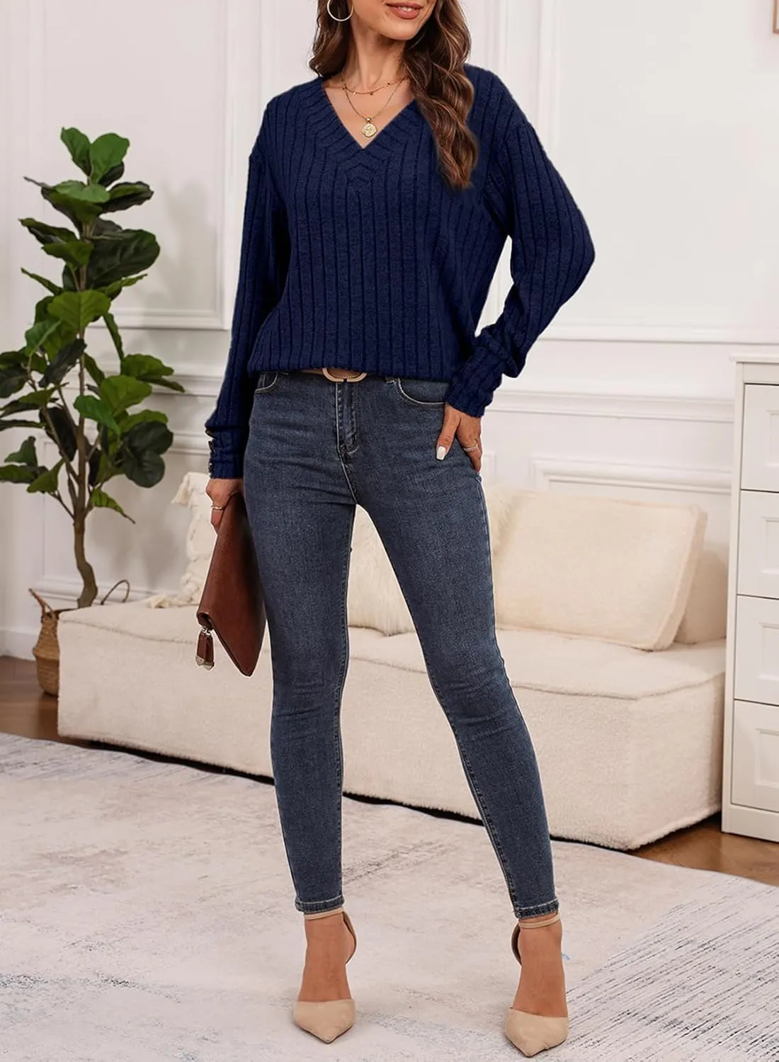 Dokotoo Womens Soft Long Sleeve V Neck Shirts Solid Casual Decorative Buttons Knitted Pullover Tunic Tops
