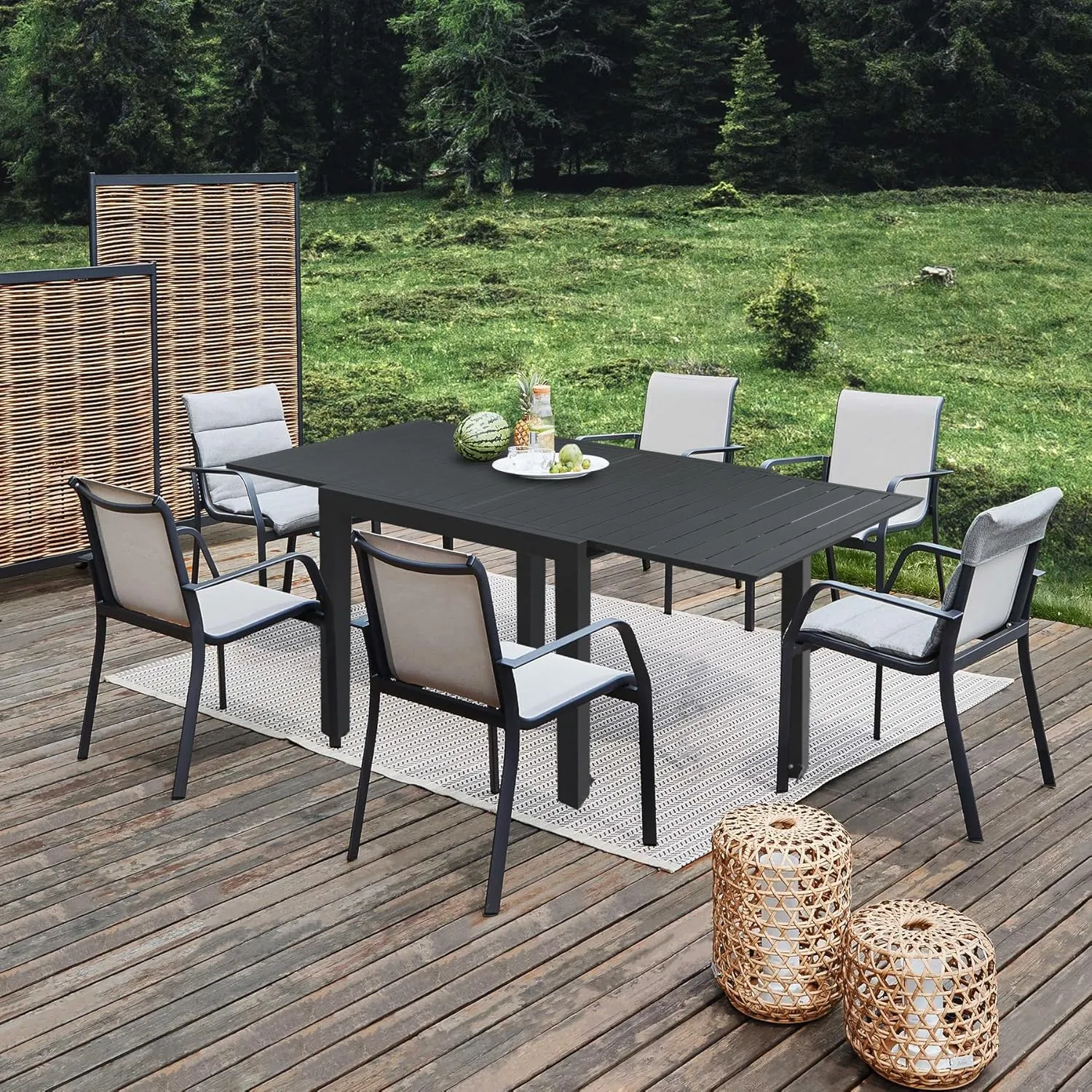 Domi Patio Dining Expandable Table, Metal Aluminum Outdoor Table for 4-6 Person Rectangular Table for Garden Lawn Porch Bistro