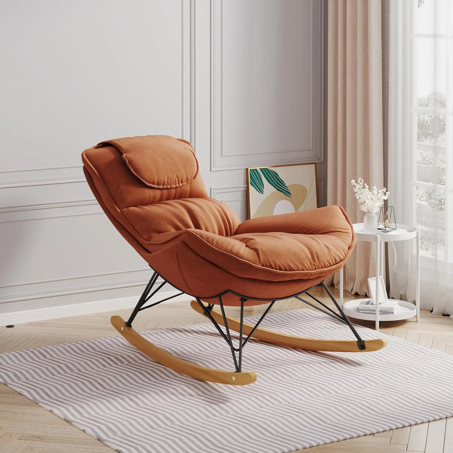 Donext Rocking Papasan Chair, comfortable and breathable, Comfy Indoor and Outdoor Lounge Chair with Thick Cushion for Bedroom, Living Room, Patio, Porch, Garden, Deck, Lawn, Brown