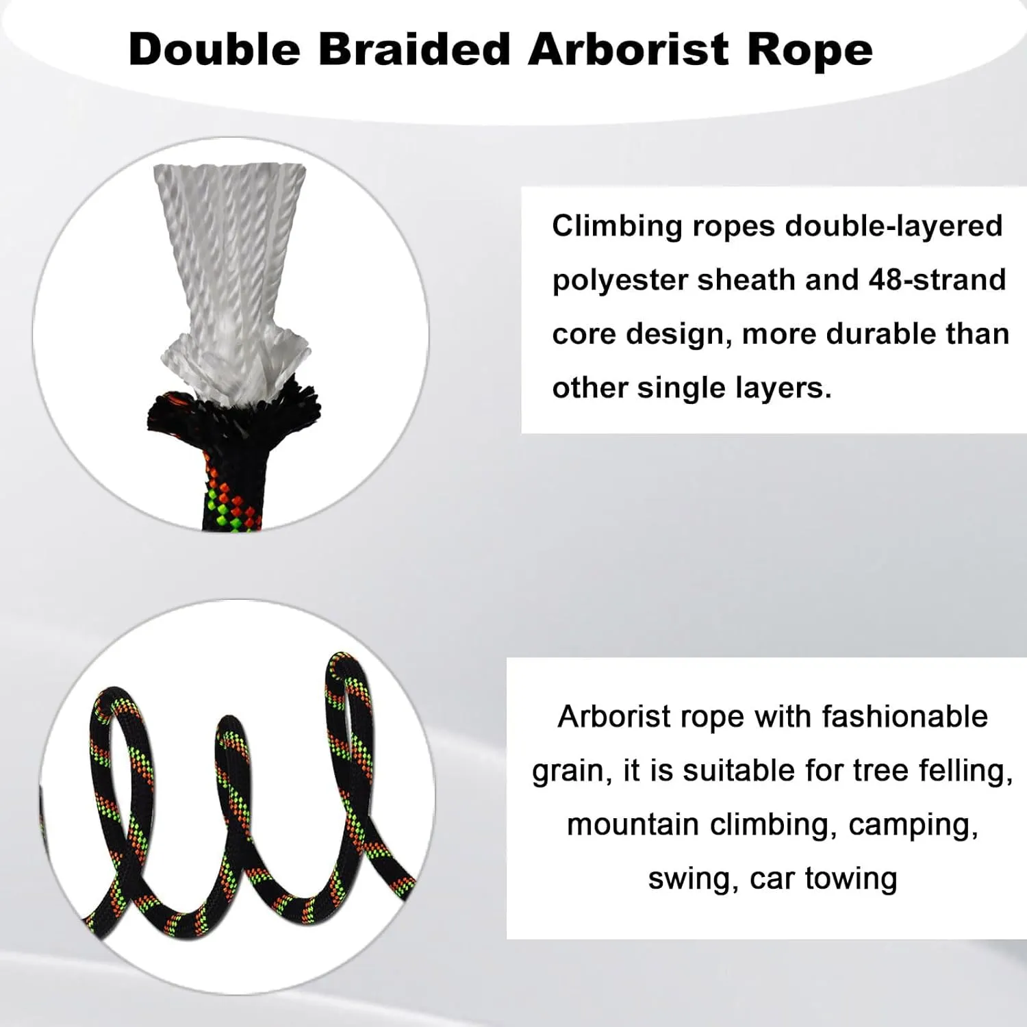 Double Braided Arborist Rope - 1/2 Inch x 100 Feet Polyester High Strength Climbing Rope for Tree Work, Halyard, Sailing (Black/Green/Orange)