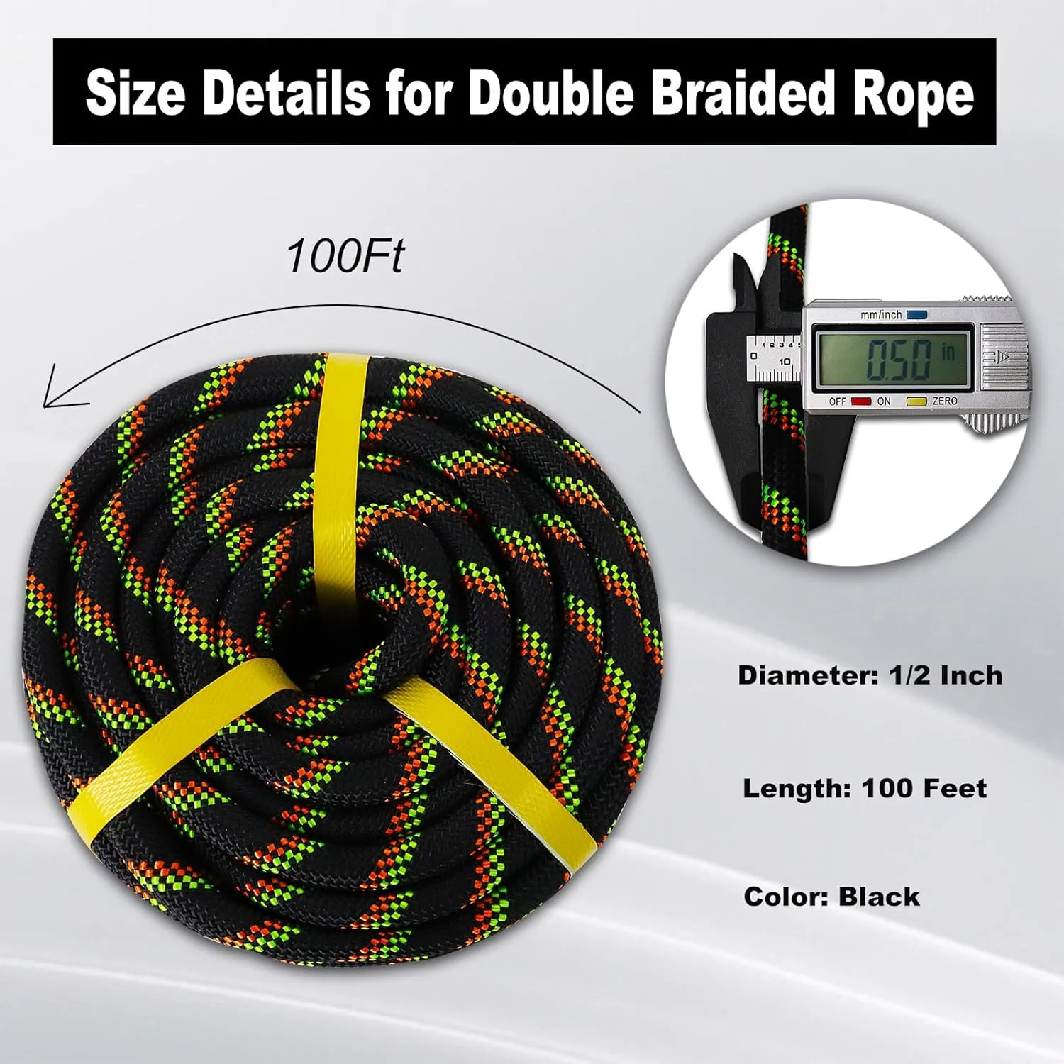 Double Braided Arborist Rope - 1/2 Inch x 100 Feet Polyester High Strength Climbing Rope for Tree Work, Halyard, Sailing (Black/Green/Orange)