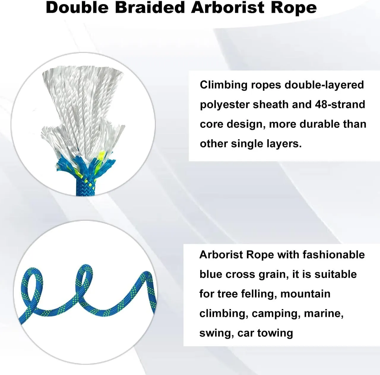 Double Braided Arborist Rope - 1/2 Inch x 100 Feet Polyester High Strength Climbing Rope for Tree Work, Halyard, Sailing (Blue/Green)