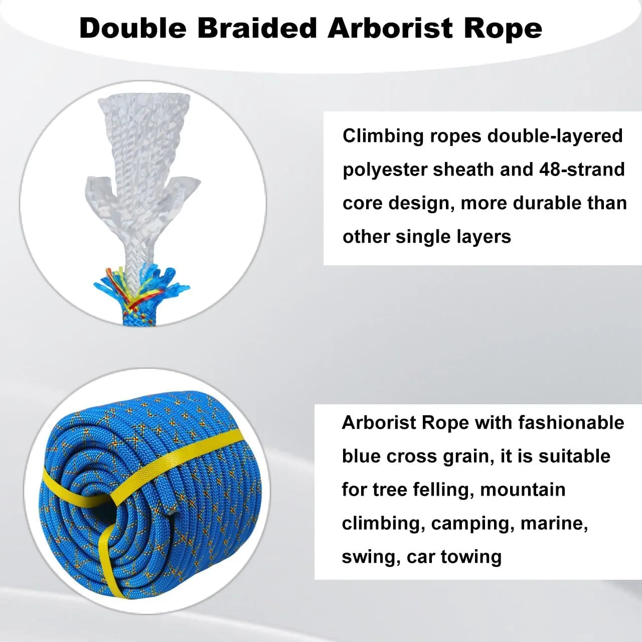Double Braided Arborist Rope - 1/2 Inch x 100 Feet Polyester High Strength Climbing Rope for Tree Work, Halyard, Sailing (Blue/Red/Yellow)