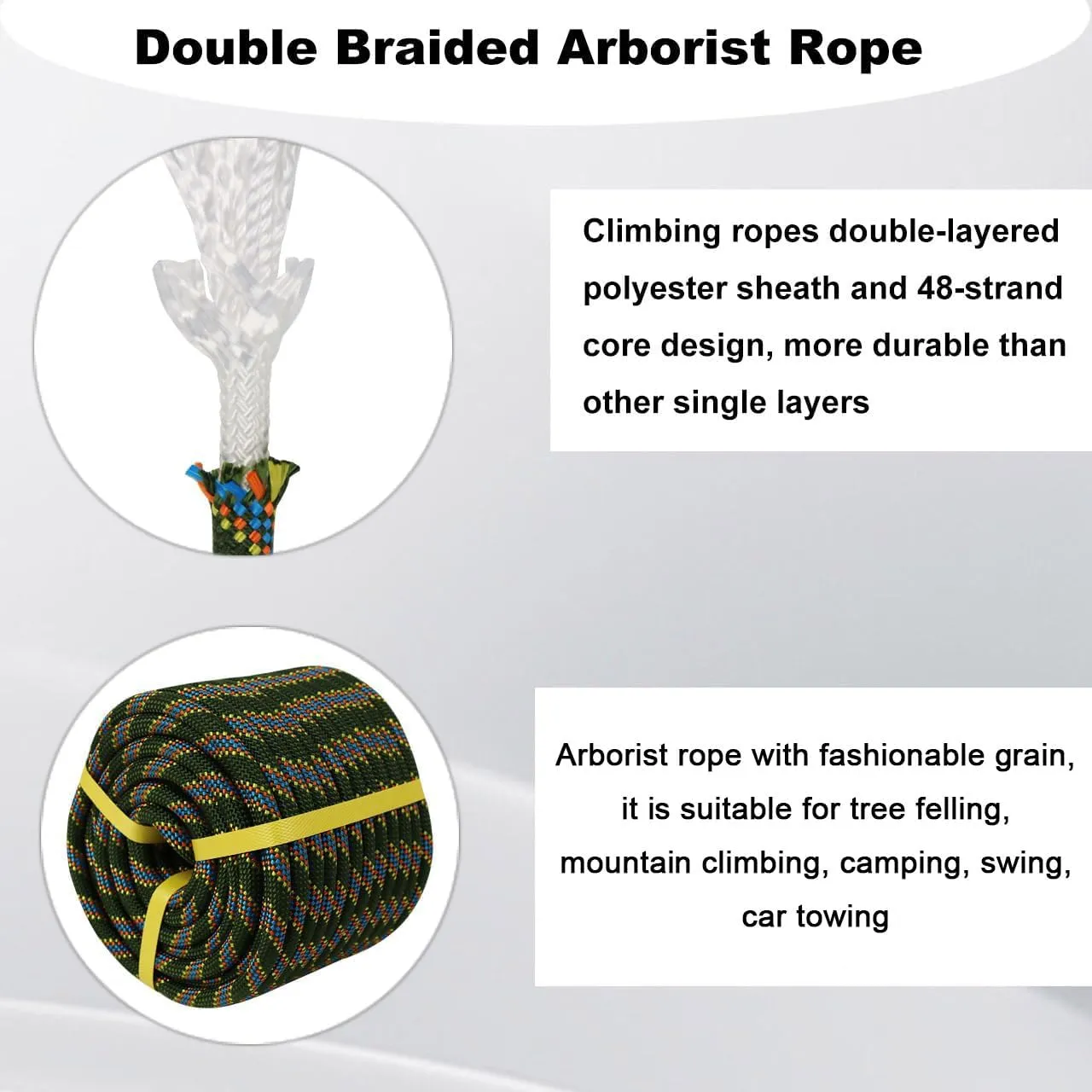 Double Braided Arborist Rope - 1/2 Inch x 100 Feet Polyester Rope - High Strength Climbing Rope for Tree Work, Halyard, Sailing (ArmyGreen/Blue)